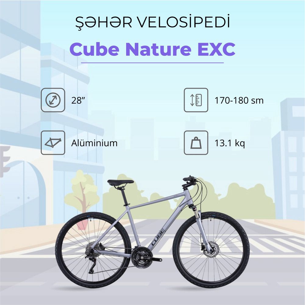 Şəhər velosipedi Cube Nature EXC 2TKR_3164, 28", ölçü M, Polarsilver/Black — Velosipedlər, Bakı