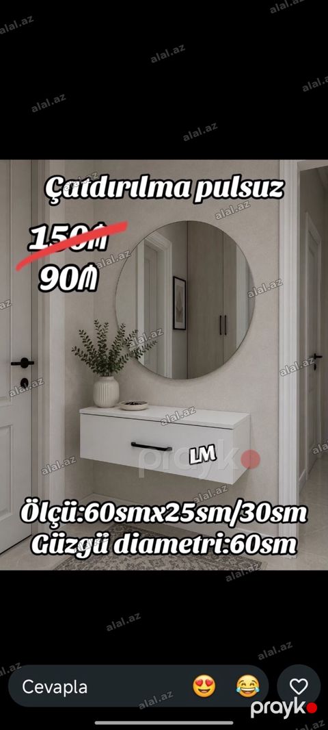 Divar tipli konsol və dairəvi güzgü dəsti - Konsol rəngi: ağ — Bakı