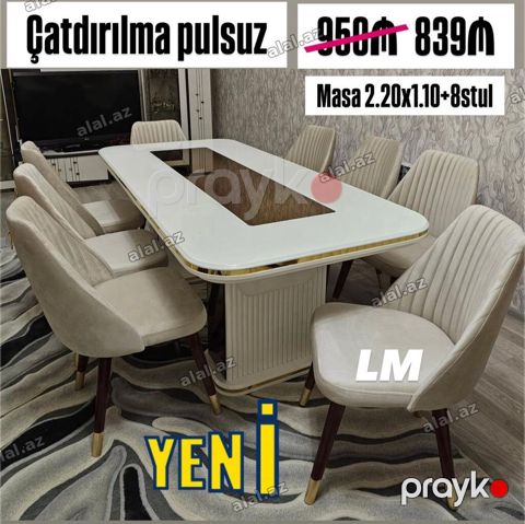 Yemək otağı dəsti – masa və 8 stul - Ölçü: Masa 2.20 x 1.10 m — Bakı