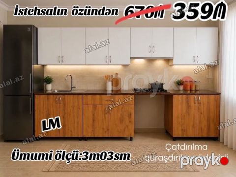Mətbəx mebeli dəsti - Ümumi ölçü: 3 m 03 sm - Üst şkaflar: ağ rəngdə — Sumqayıt