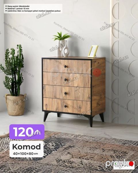 Komod – müasir dizayn, təbii taxta fakturası ilə. - Ölçülər: 40 100 — Bakı