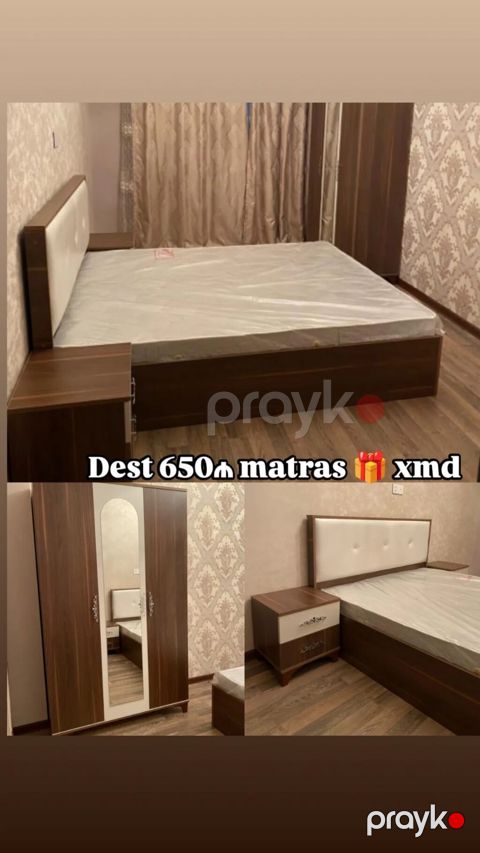 Yataq otağı dəsti - Komplekt: çarpayı (yaylı başlıqla), 2 ədəd tumba — Bakı