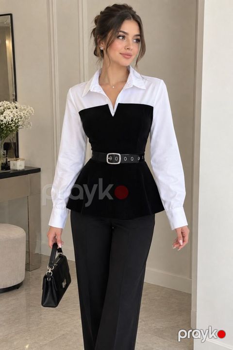 Qadın üçün zərif və eleqant üslubda iki rəngli üst geyim. Model ağ — Bakı