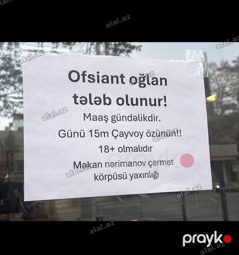Ofisiant tələb olunur, Gündəlik ödəniş, 18-29 yaş — Bakı