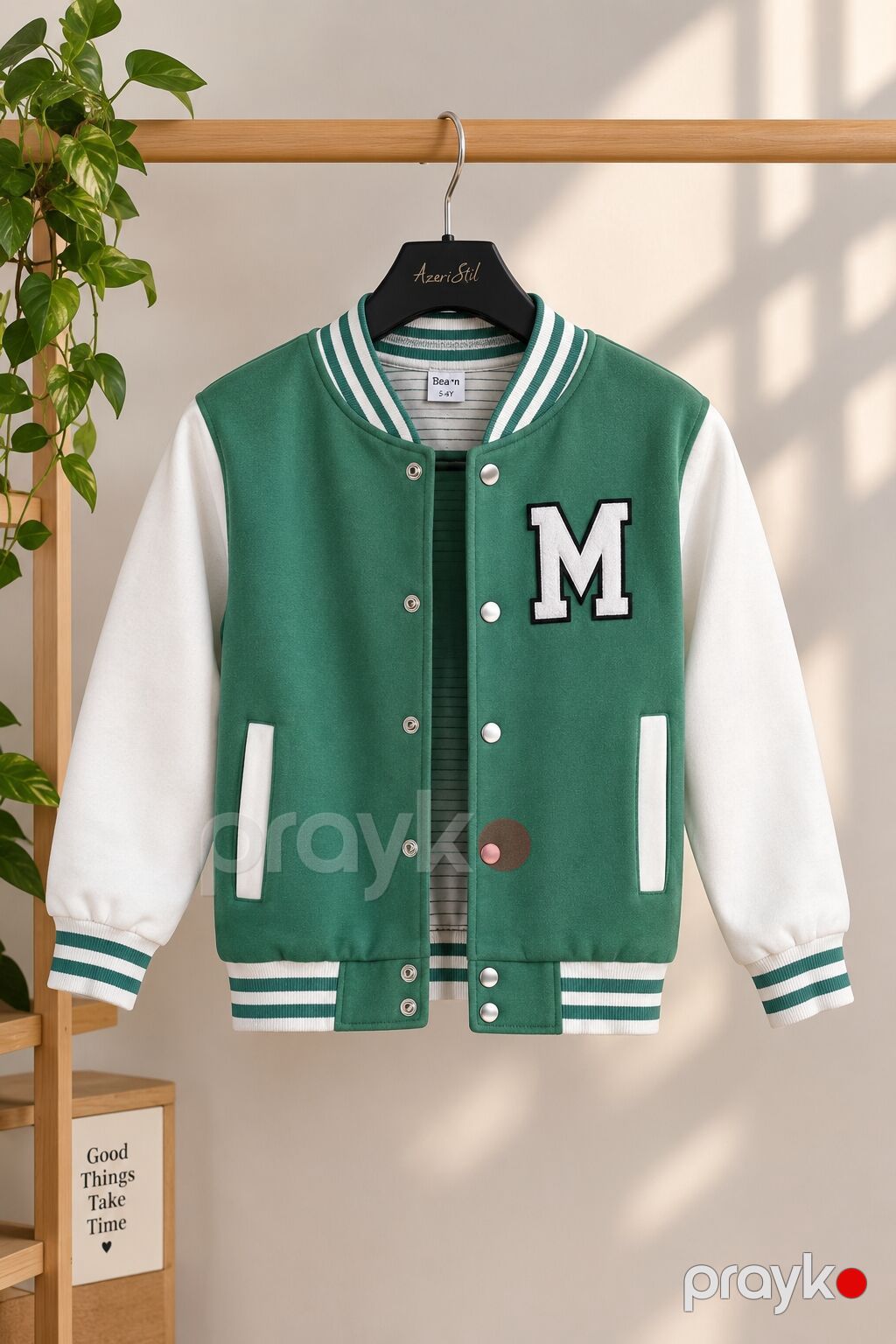 Uşaq bomber/varsity stili jaket - Rəng: yaşıl gövdə, ağ qol; yaxa — Uşaq geyimi, Bakı (3)