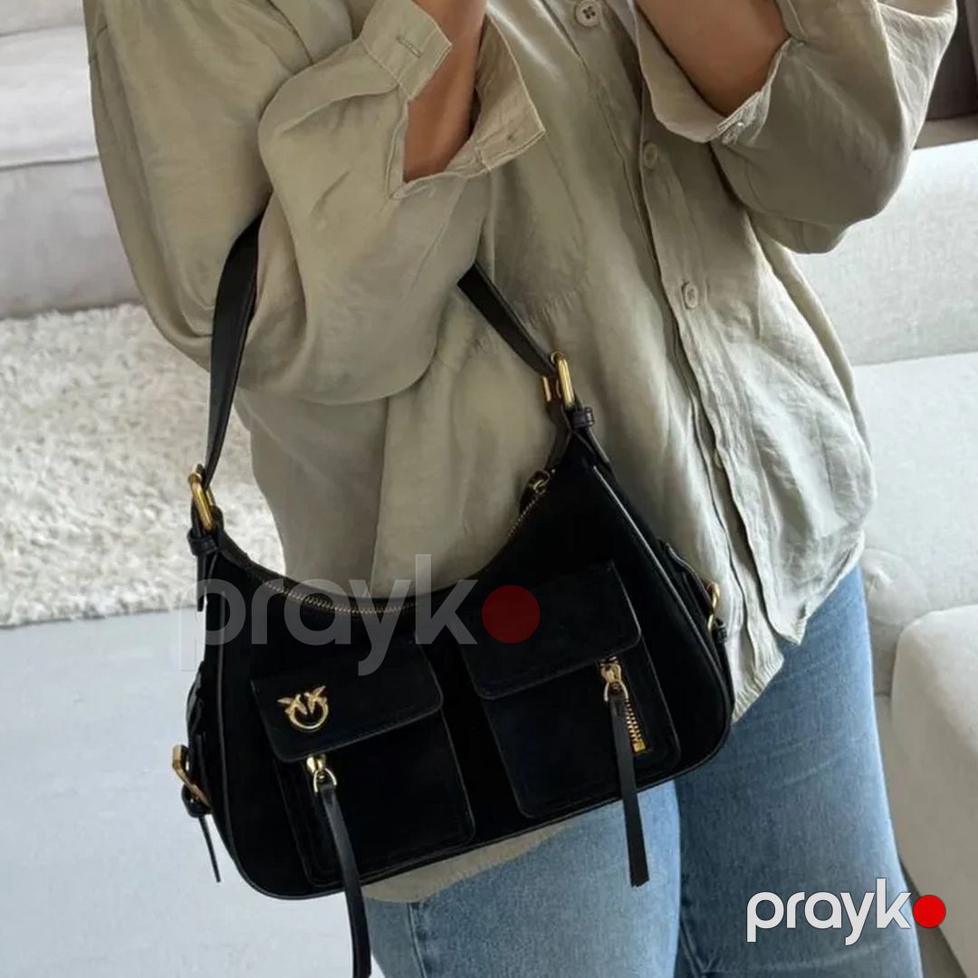 Pinko Cargo Bag Mini – Qara Zamşa Çiyin Çantası 30 sm — Çantalar, çamadanlar, cüzdanlar, Bakı (6)