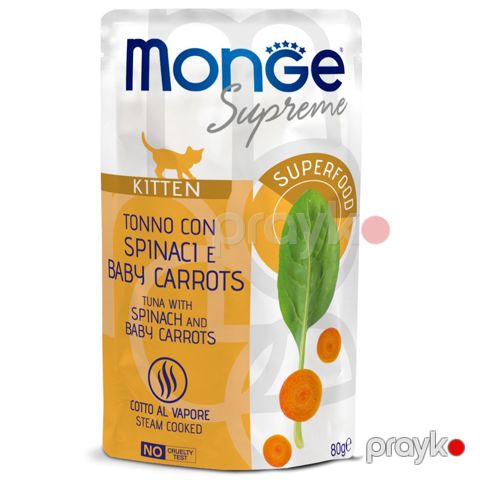Nəm yem Monge Supreme Kitten pişik balaları üçün, ton balığı, ispanaq və mini yerkökü ilə, 80 q — Bakı
