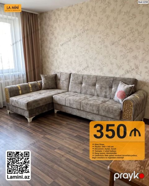 Kod: 2250 Künc divan - Ölçülər: 260 160 sm - Mexanizm: açılan — Bakı