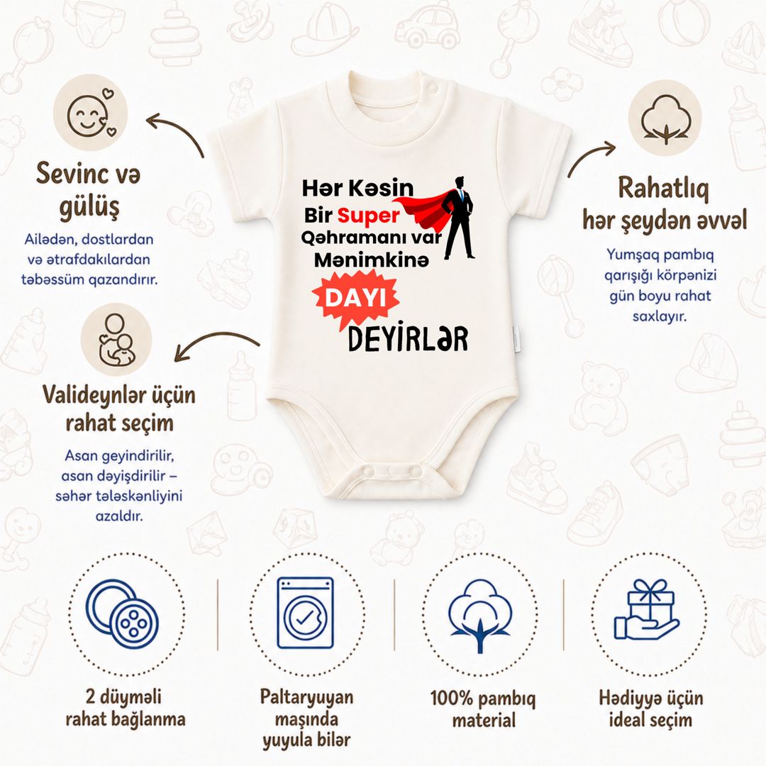Bodi Qəhrəmanım Dayım, ağ, pambıq, ölçü 0-3 ay — Mallar, Bakı (3)