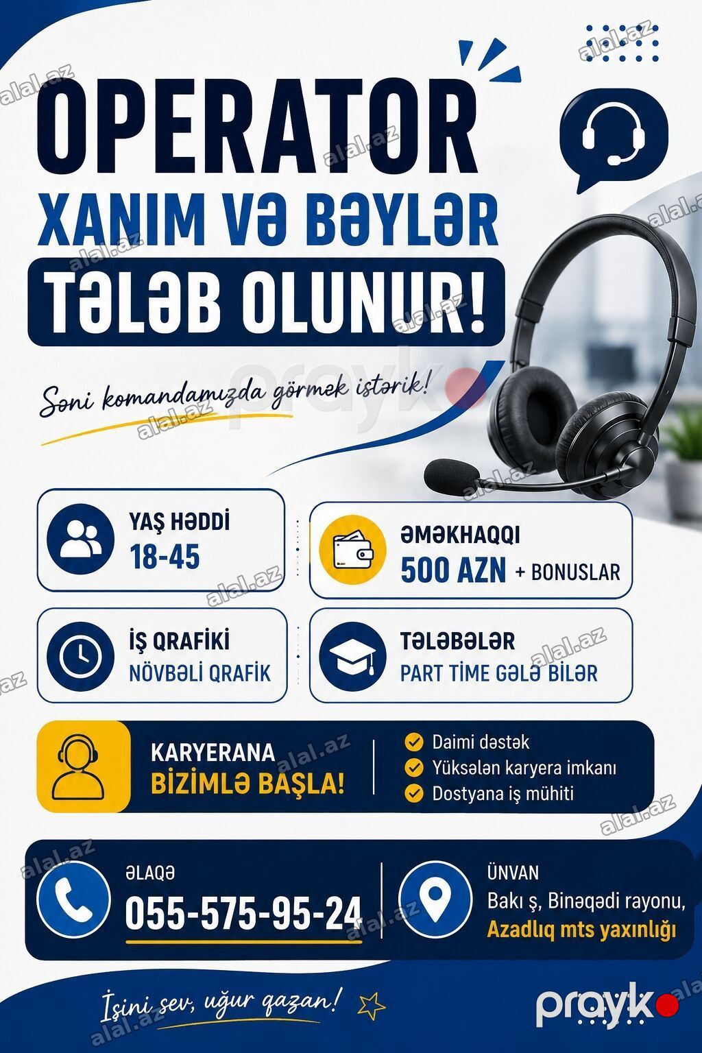 Çağrı mərkəzi operatoru tələb olunur, 18-29 yaş, Təcrübəsiz, Aylıq ödəniş — Vakansiyalar, Bakı (3)