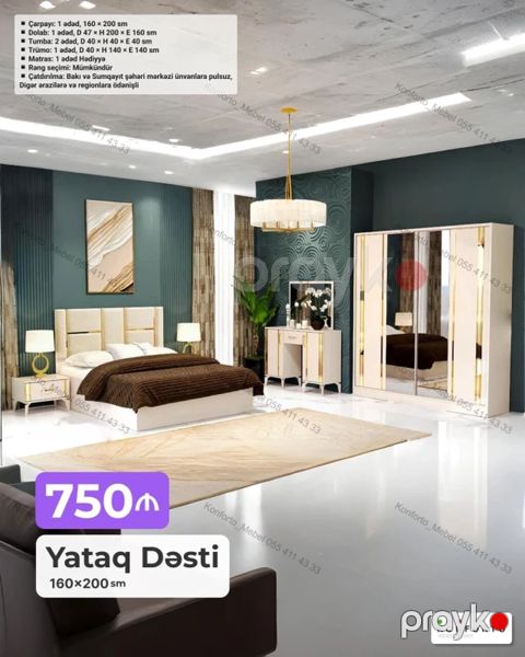 Yataq Dəsti – 160×200 sm Komplekt: - Çarpayı: 1 ədəd, 160×200 sm — Bakı