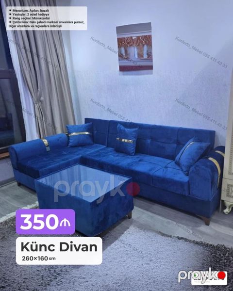 Künc divan – 260×160 sm Mexanizm: açılan, bazalı (yataq funksiyası — Bakı