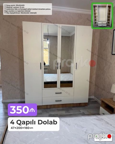 4 qapılı paltar dolabı – 47×200×160 sm - Material: 18 mm laminat — Bakı