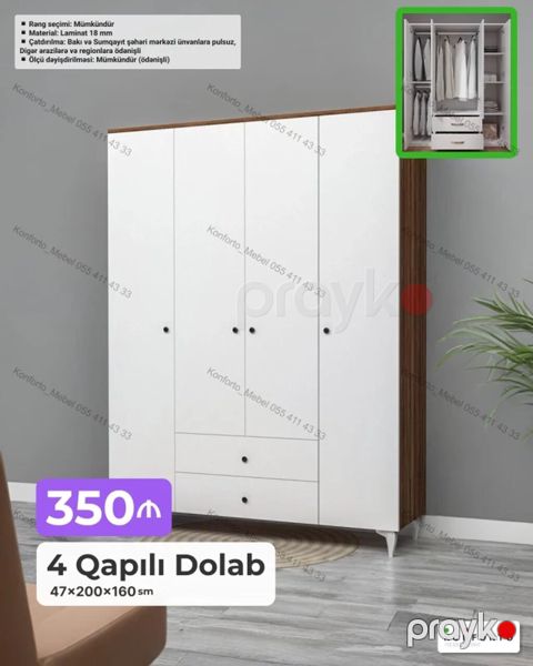 4 qapılı geyim dolabı — 47×200×160 sm - Material: 18 mm laminat — Bakı