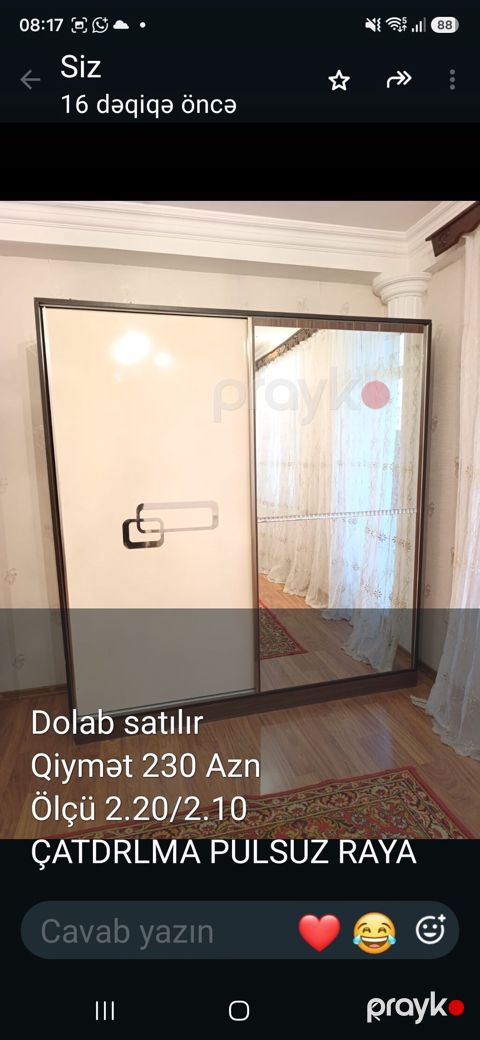 Sürgülü qapılı dolab - Ölçü: 2.20 x 2.10 m - Bir qapı tam güzgülü — Sumqayıt