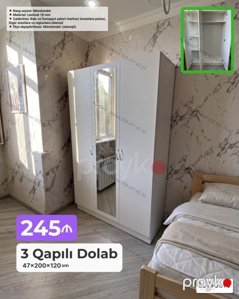 3 qapılı paltar dolabı – 47×200×120 sm - Material: 18 mm laminat — Bakı