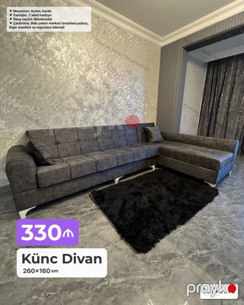 Künc divan – 260×160 sm ölçülü, açılan mexanizmli və bazalı model — Bakı