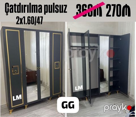 Qapılı paltar dolabı – qara-qızılı dizayn, güzgülü ön panellər Ölçü: 2 — Bakı
