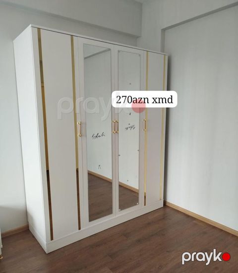 Ağ rəngdə 4 qapılı paltar şkafı. Orta hissədə 2 ədəd tam boy güzgü — Bakı