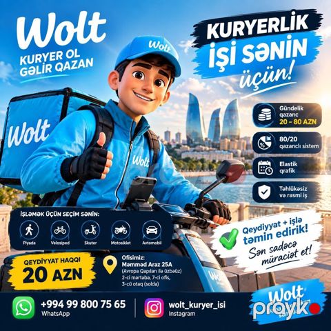 Moto-kuryer tələb olunur, Gündəlik ödəniş, Təcrübəsiz — Bakı