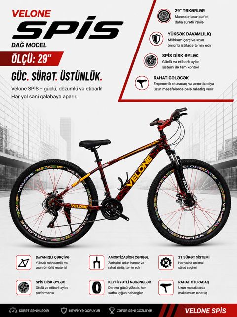 Dağ velosipedi Velone Spis, 29", Tünd qırmızı — Bakı