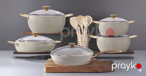 Yemək hazırlanması üçün qab-qacaq dəsti Bonera, 16 parça, qranit, krem rəngli, induksion dabanlı, paslanmaz metal qulplu, şüşə qapaqlı, 4 mm qalınlıqda, Türkiyə istehsalı - Kahn shop030187 — Bakı