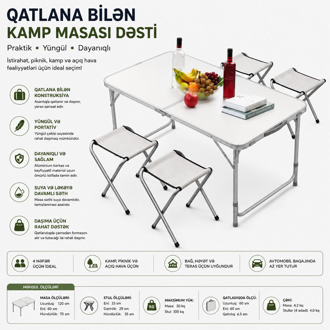 Qatlanan masa və oturacaq dəsti, metal, 120х60 sm — Mallar, Bakı