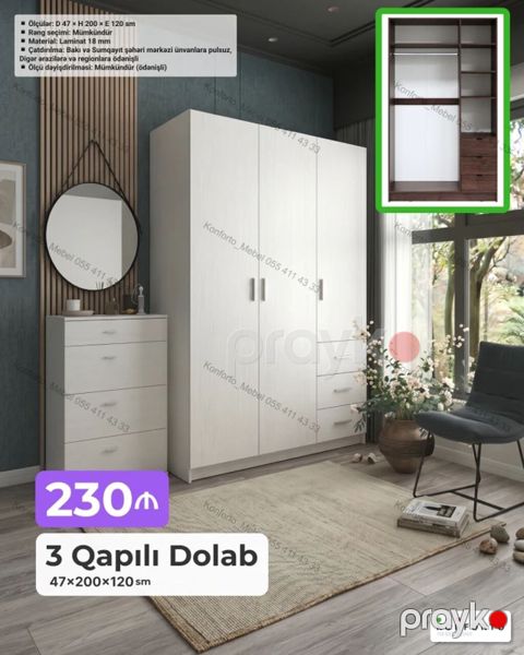 3 qapılı geyim dolabı Ölçülər: D 47 H 200 E 120 sm Material: 18 — Bakı