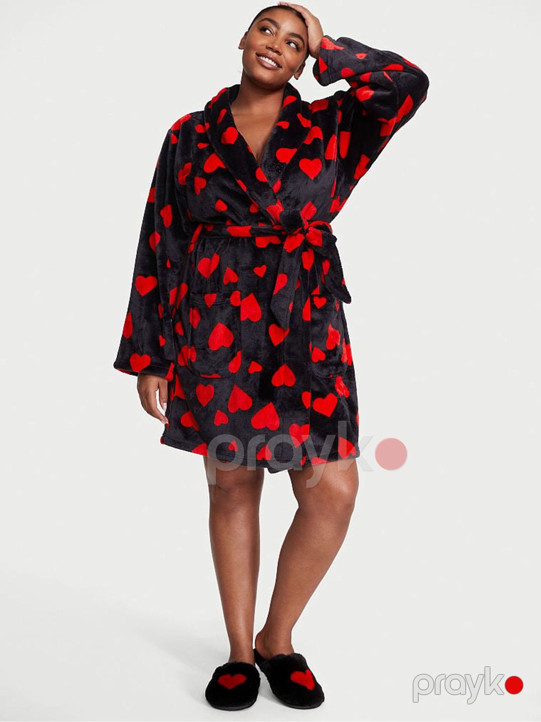 Hamam xələti qadınlar üçün Victoria's Secret Black Lipstick Heart Cosy Short Dressing Gown, polyester, qara/qırmızı, ölçü M/L — Mallar, Bakı (2)