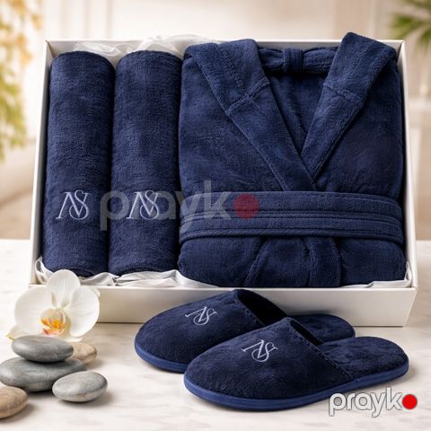 Kişilər üçün hamam xələti + dəsmallar və tərlik HB-5886, bambuk, göy, ölçü L-XL — Bakı
