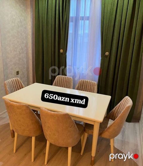 Yemək otağı üçün 1 masa + 6 stul dəsti - Rəng: krem/bez masası, bej — Bakı