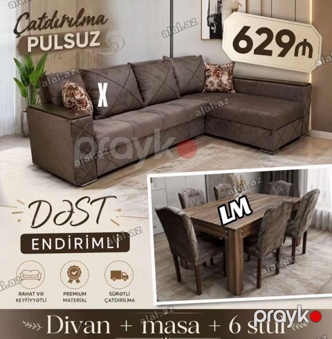 Endirimli Dəst: divan + masa + 6 stul - Künc divan: müasir dizayn — Sumqayıt