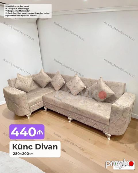 Künc divan – 280×200 sm - Mexanizm: açılan, bazalı - Yastıqlar: 6 — Bakı