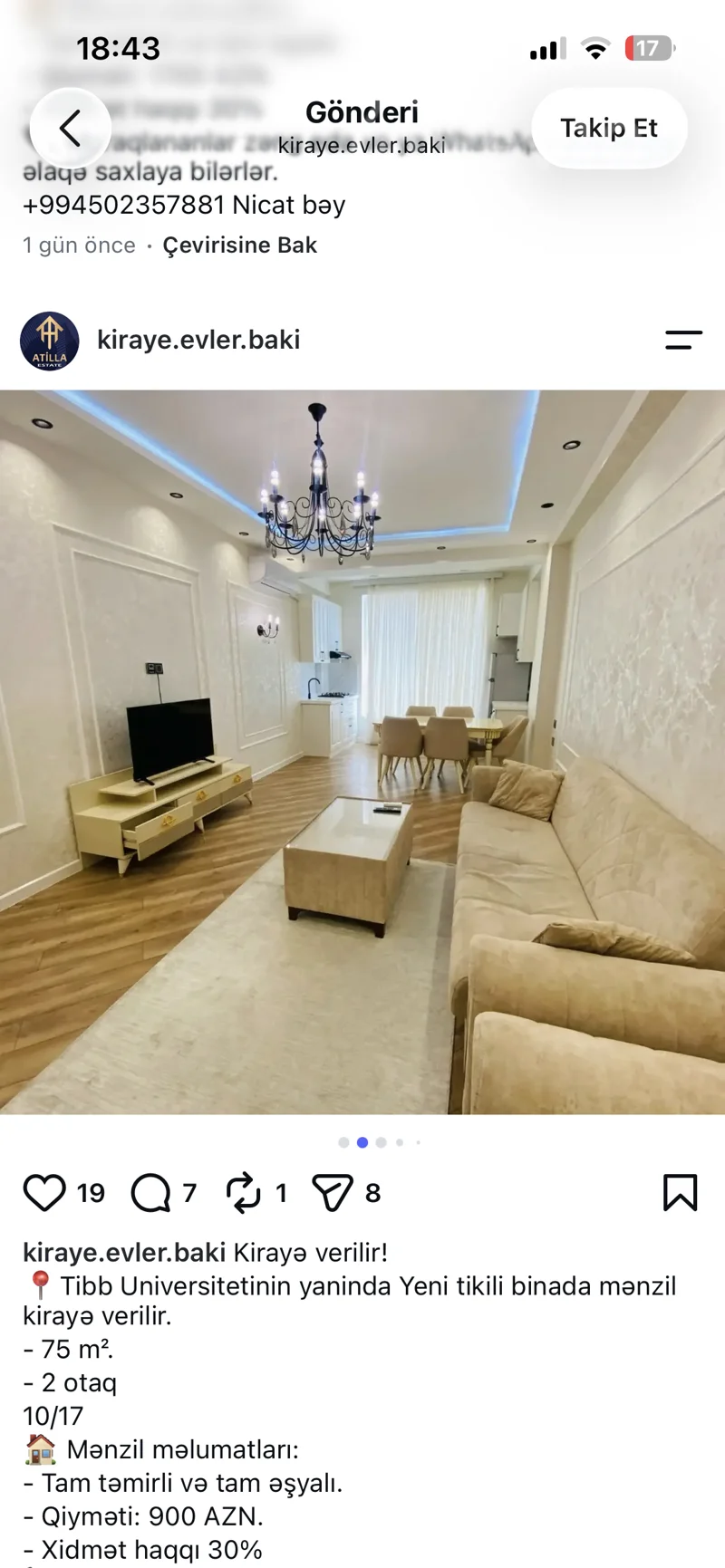 2 otaqlı mənzil, 75 m², Tibb uni — kirayə — Bakı