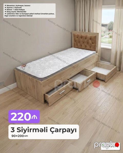 3 siyirməli tək çarpayı – 90×200 sm - Mexanizm: açılmayan, bazasız — Bakı