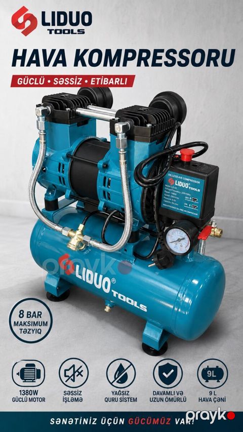 Lıduo Tools 9L Səssiz Hava Kompressoru – 550W 8 — Bakı