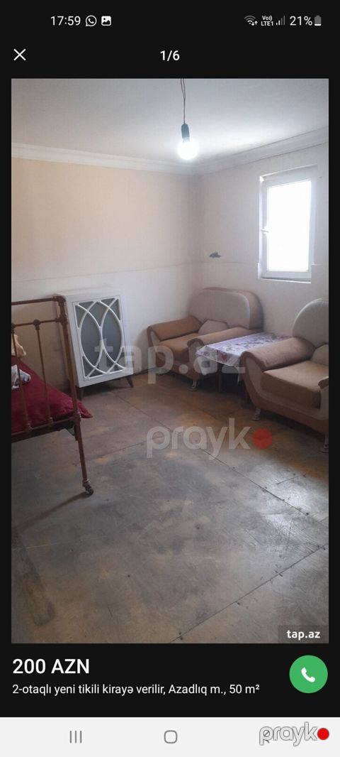 Kirayə verilir: 2 otaqlı mənzil, Azadlıq metrosu yaxınlığı, 50 m² — Bakı