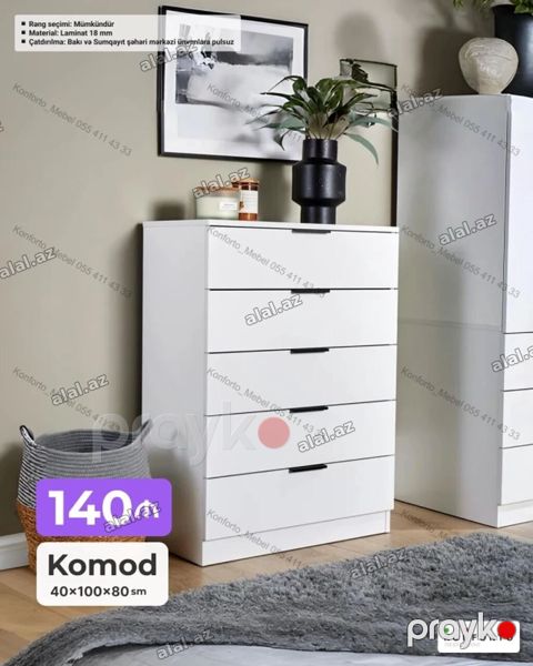 Ağ rəngli minimalist komod - Ölçülər: 40 100 80 sm - Material: 18 — Bakı