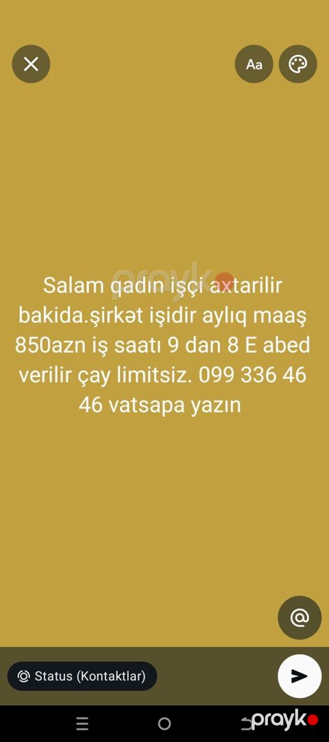 Vakansiya: Bakı şəhərində şirkət üçün qadın işçi - Aylıq maaş: 850 — Bakı
