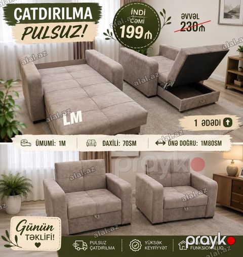 Çevrilə bilən kreslo‑çarpayı Ölçü: ümumi eni 1 m Daxili — Sumqayıt