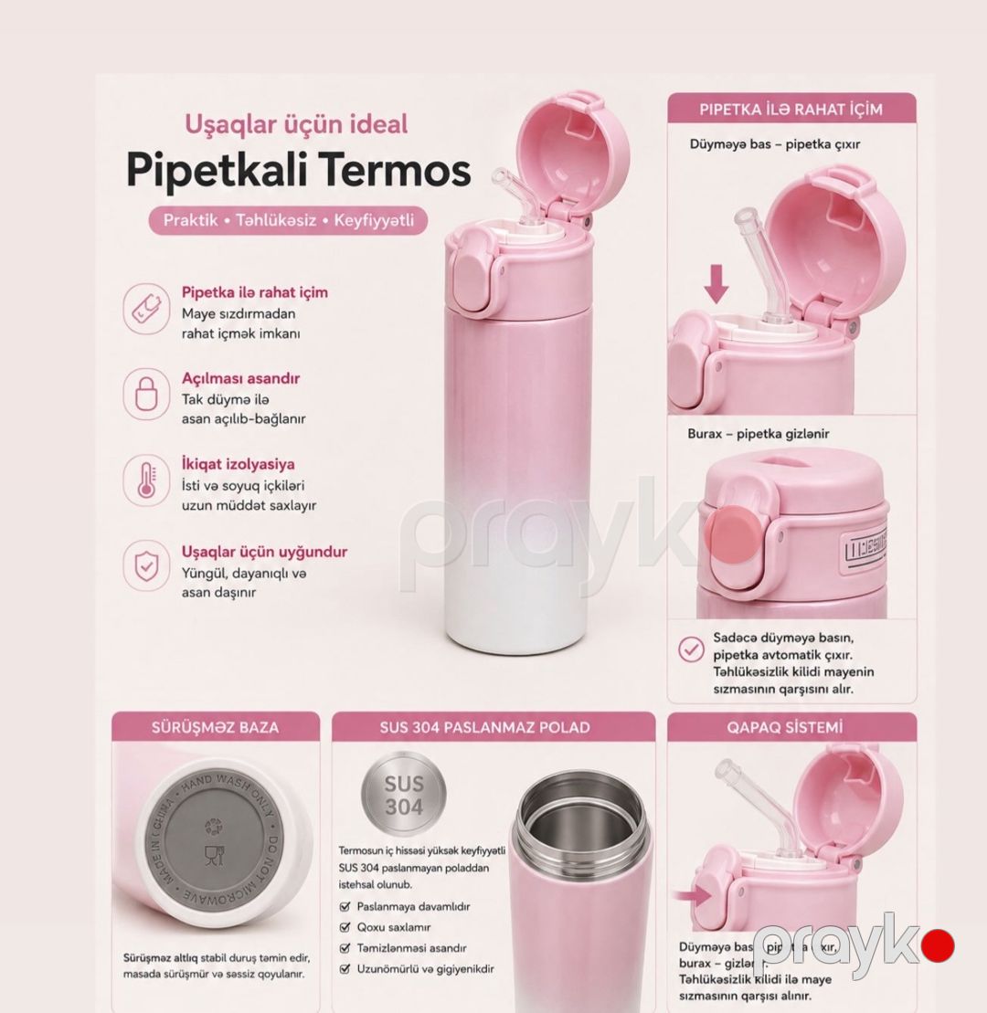 Uşaqlar üçün termos, 400 ml, paslanmayan polad, çəhrayı — Mallar, Bakı (2)