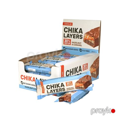Şəkərsiz proteinli batonlar Chikalab Chika Layers, karamel ilə fındıq, 60 q x 20 əd