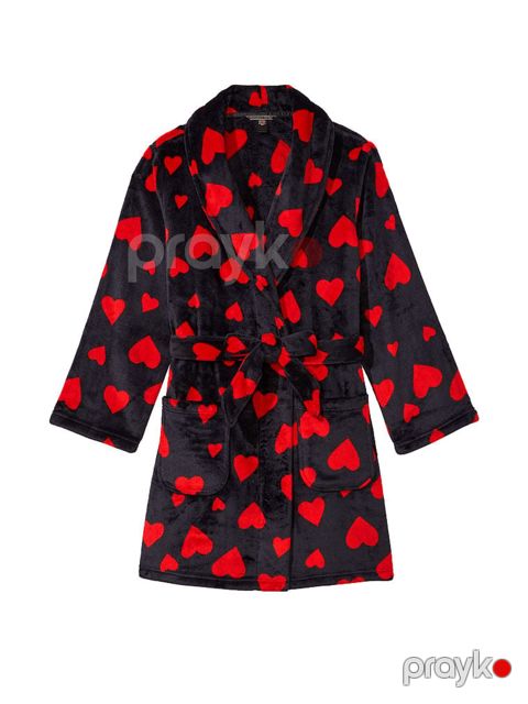 Hamam xələti qadınlar üçün Victoria's Secret Black Lipstick Heart Cosy Short Dressing Gown, polyester, qara/qırmızı, ölçü M/L