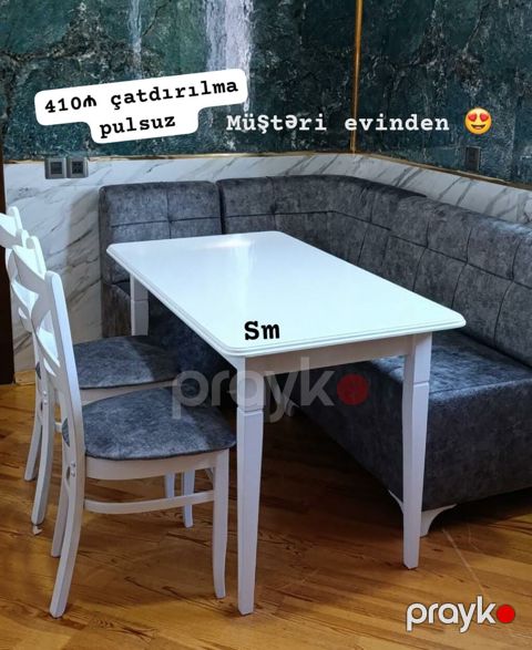 Mətbəx künc dəsti - Komplekt: 1 ədəd ağ yemək masası, 2 ədəd ağ taxta