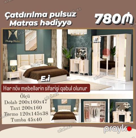 Yataq otağı mebel dəsti Tərkibi: - Taxt: 200×160 - Dolab — Bakı