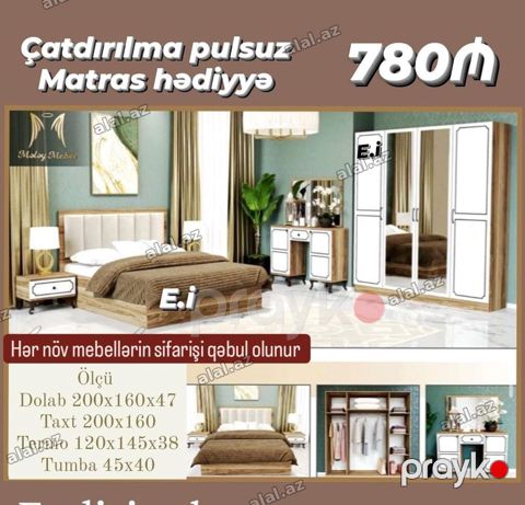 Yataq otağı mebel dəsti – 780₼ Komplekt: - Taxt: 200×160 - Dolab — Bakı