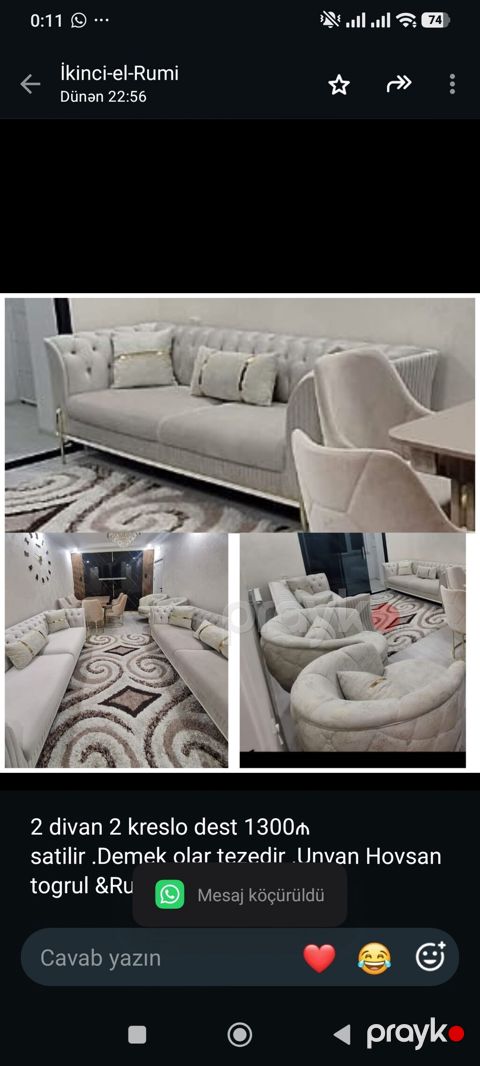 2 divan 2 kreslo dest 1300₼ satilir .Demek olar tezedir .Unvan Hovsan — Bakı