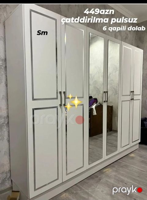 Yeni, 6 qapı, Güzgülü, Ağ, Açılan, Düz dolab — Digah