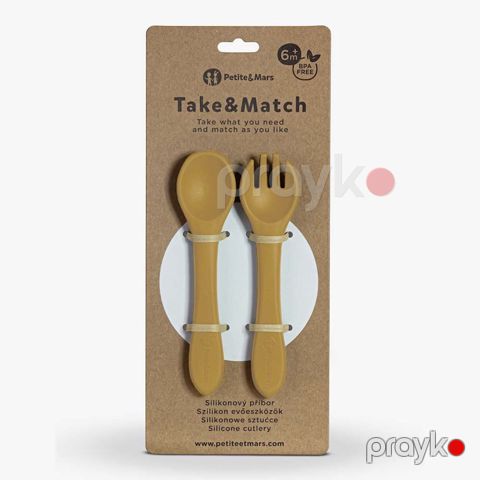 Qaşıq və çəngəl dəsti Petite&Mars Take&Match Intense Ochre, qida silikonu, sarı, 2 əd — Bakı