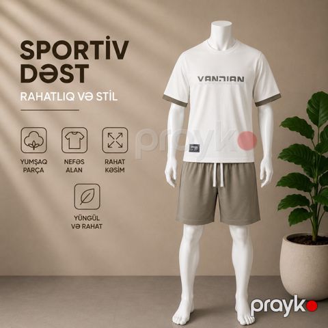 Kişilər üçün şortlu dəst 8452, ağ/qəhvəyi, poliester/pambıq, ölçü 4XL — Bakı